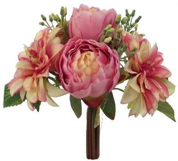 Handgebonden zijden 30cm pioen en dahlia vintage pink low, Nieuw