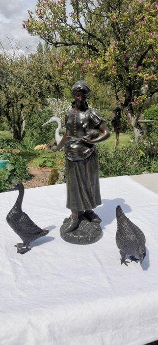 sculptuur, Grande sculpture paysanne au mouton + oie et, Antiek en Kunst, Antiek | Keramiek en Aardewerk