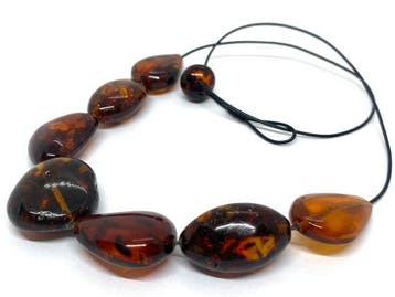 Grof Baltische Amber Ketting met Amber Knoopsluiting - Diep