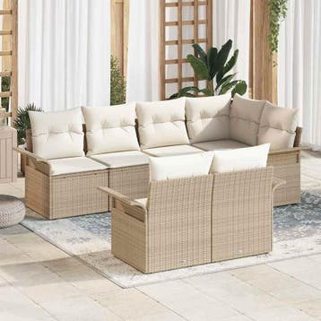 vidaXL Tuinbank Set met kussen 7 pcs Beige poly rattan, Verzenden, Nieuw