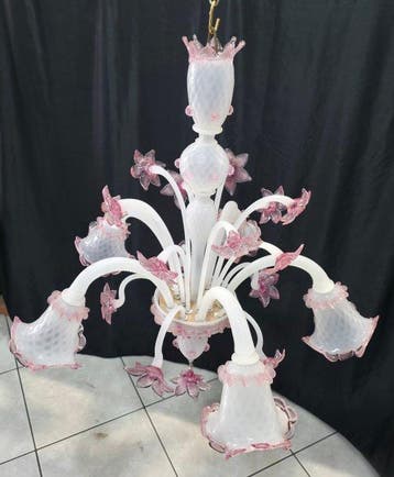Lustre - Biancolatte - Verre de Murano - 5 lumières, Antiquités & Art