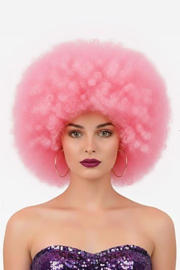 KIMU® Pruik Afro Roze Disco met Gratis 2x Haarnetje Lichtroz, Ophalen of Verzenden, Nieuw