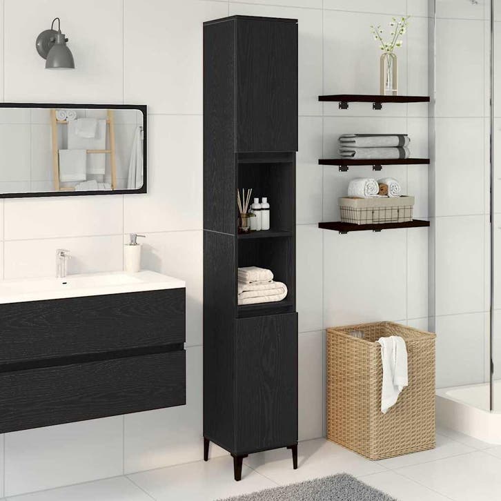 vidaXL Badkamerkast Zwart Eiken 30 x 30 x 190 cm Bewerkt, Huis en Inrichting, Tafels | Kaptafels, Nieuw, Verzenden