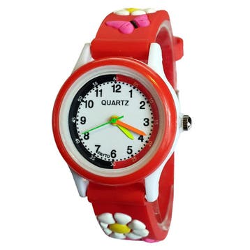 Fako - Kinderhorloge - 3D - Bloemetjes - Rood, Handtassen en Accessoires, Horloges | Kinderen, Verzenden, Nieuw