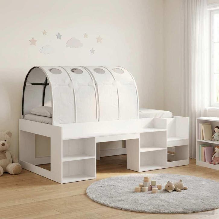 vidaXL Bed met Tunnel met plank met opslag 3 st Wit Bewerkt, Huis en Inrichting, Slaapkamer | Bedden, Nieuw, Verzenden