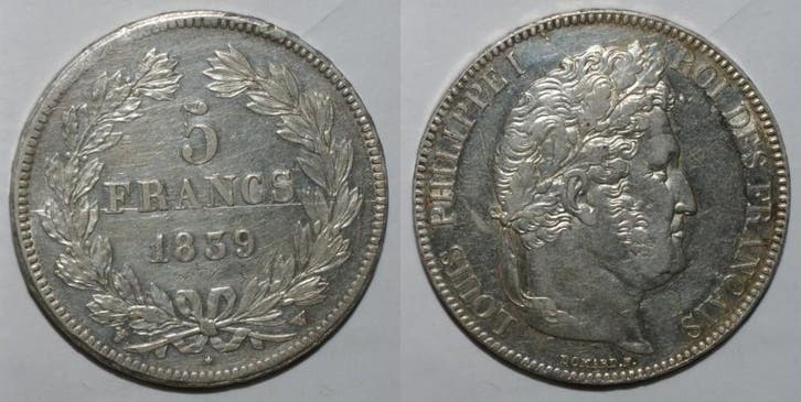 France Frankreich Km 749 5 Francs 1839 W Lille Typ Louis..., Timbres & Monnaies, Monnaies | Europe | Monnaies non-euro, Envoi