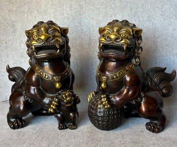Beeld, Paar Foo Dogs 21.5 cm / 4.7 kg - 21.5 cm - Brons