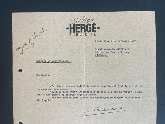Atelier Hergé Publicité - Tintin - Lettre dépoque signée G., Boeken, Strips | Comics