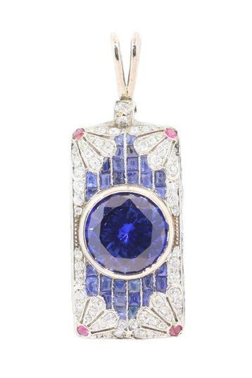 Hanger Platina - 6.30ct. tw. Saffier - Diamant - Art Deco