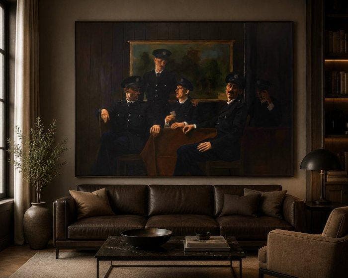 Siert Dallinga (1954) - Vijf mannen aan een tafel, Antiquités & Art, Art | Peinture | Moderne