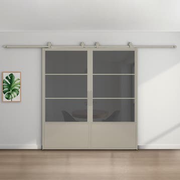 Dubbele stalen schuifdeur Kiezelgrijs 3 Vlaks met kickplate, Nieuw, Metaal, 75 tot 150 cm, 150 tot 225 cm