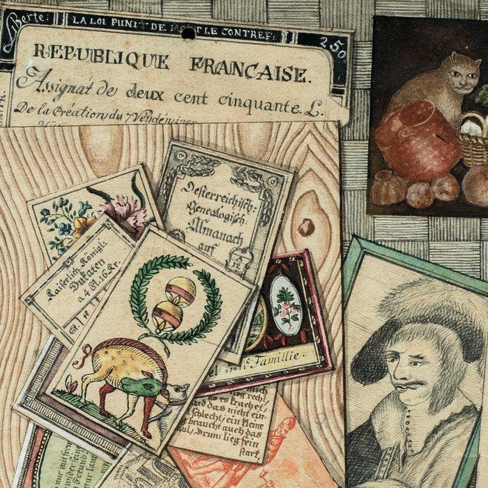 German school (XVIII-XIX) - Trompe loeil with papers,, Antiek en Kunst, Kunst | Schilderijen | Klassiek