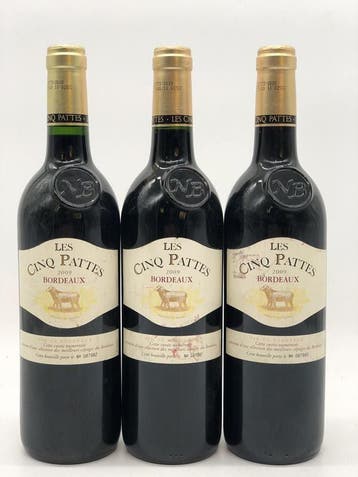 3 x 75cl Les Cinq Pattes Bordeaux 2009 (rood), Ophalen of Verzenden, Rode wijn