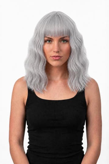 KIMU® Luxe Grijs Pruik Schouderlengte Rechte Pony Krullen Ou, Ophalen of Verzenden, Nieuw