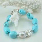 Turquoise - Argent - Bracelet - Turquoise naturel et perle