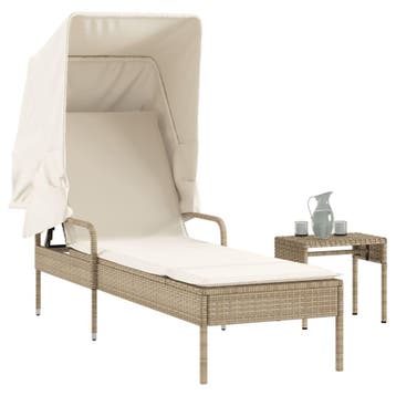 vidaXL Ligbed met luifel en tafel poly rattan beige, Verzenden