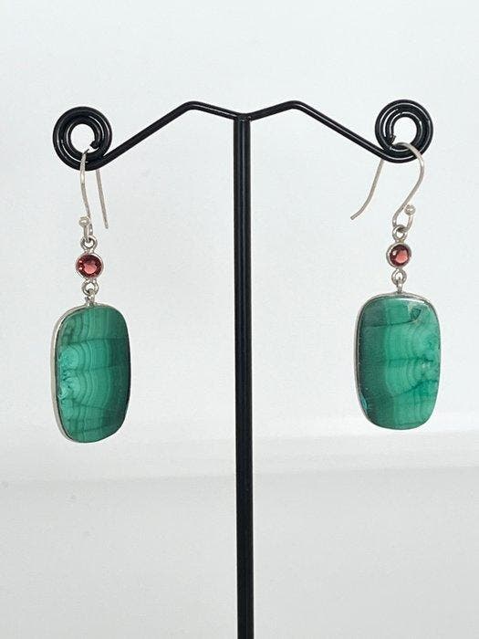 925 zilver - malachiet - granaat - Oorbellen, Verzamelen, Mineralen en Fossielen