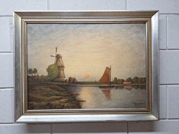 A. Schwartz (XX) - Hollands Molenlandschap met een Zeilboot