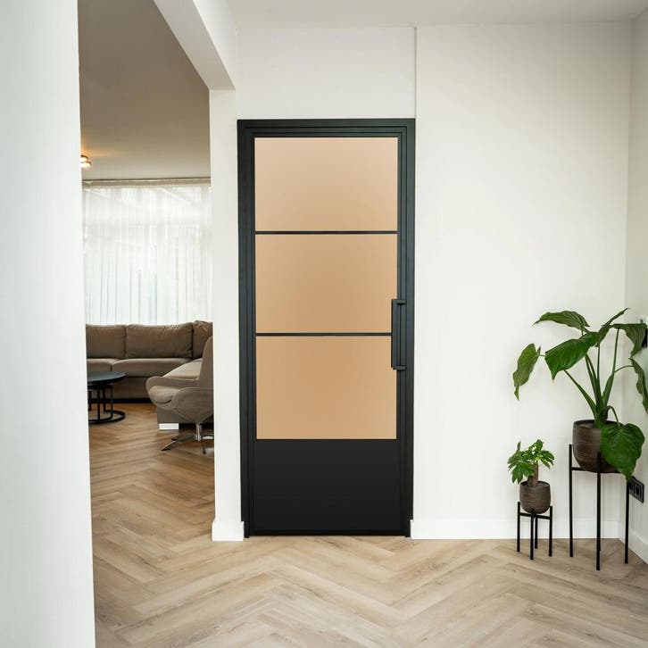 Stalen Binnendeur - Zwart - 3 Vlaks met kickplate - Mat glas, Bricolage & Construction, Fenêtres & Moustiquaires