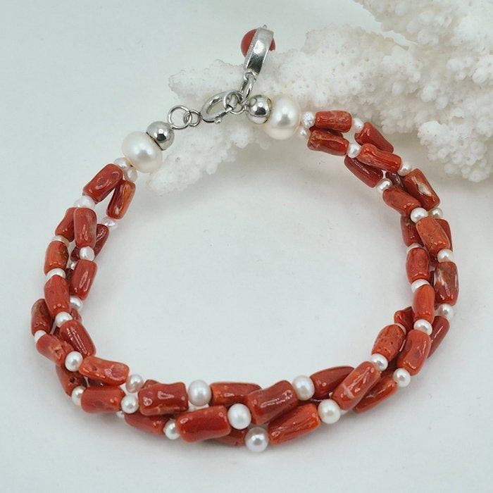 Corail rouge - Argent - Bracelet - CORALLO MEDITERRANEO, Antiek en Kunst, Curiosa en Brocante