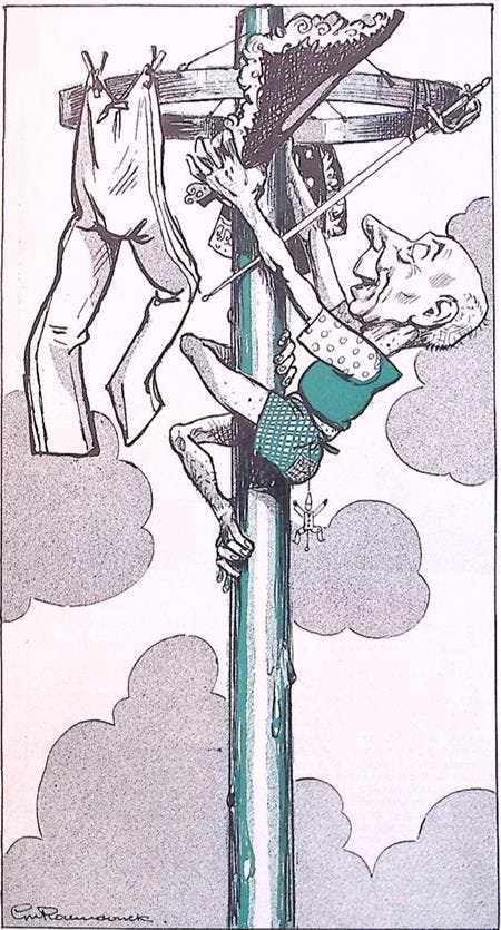 Spotprent met man aan de mast (lijst optie, Lithos), Antiek en Kunst, Kunst | Litho's en Zeefdrukken, Verzenden