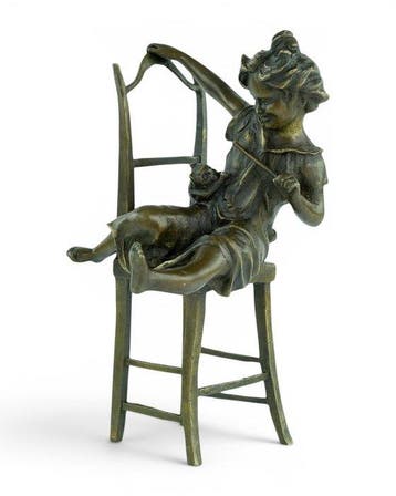 Juan Clara - Sculpture, Girl Playing with Cat - 20 cm -