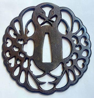 Couple de grues, motif sukashi, grande tsuba - Japon - XXe