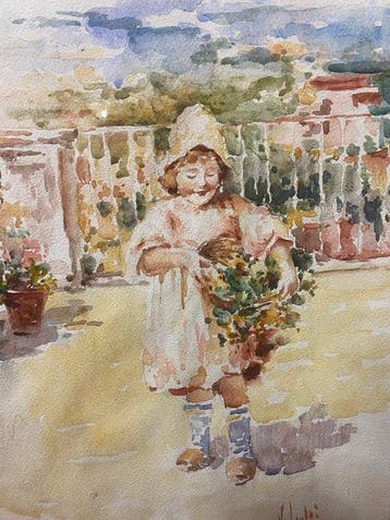 Italiaanse school (XX) - Bimba con fiori, Antiek en Kunst
