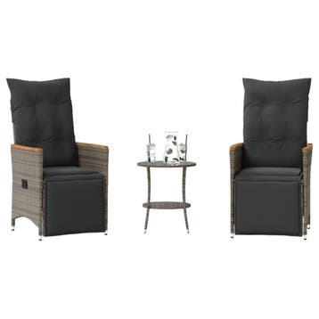 vidaXL 3-delige Bistroset met kussens poly rattan grijs, Tuin en Terras, Verzenden, Nieuw