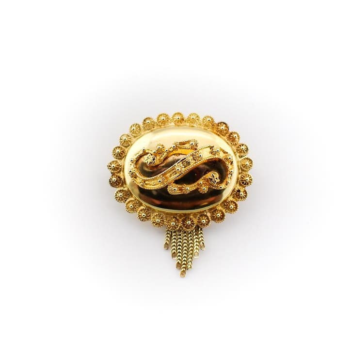 Antiek gouden S-broche met kwastje, Handtassen en Accessoires, Broches, Overige kleuren, Gebruikt, Goud, Ophalen of Verzenden