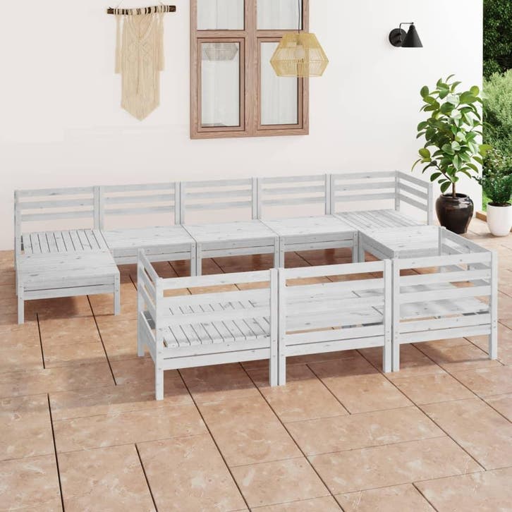 vidaXL 3083385  10-delige Tuin Lounge Set Wit Stevig Hout, Jardin & Terrasse, Ensembles de jardin, Envoi