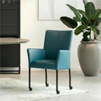 Leren eetkamerstoel Comfort met wieltjes en armleuning -, Huis en Inrichting, Stoelen, Blauw, Nieuw, Leer, Ophalen of Verzenden
