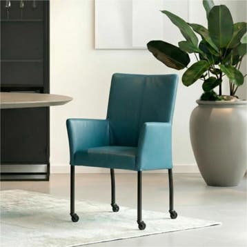 Leren eetkamerstoel Comfort met wieltjes en armleuning -, Huis en Inrichting, Blauw, Nieuw, Leer, Ophalen of Verzenden