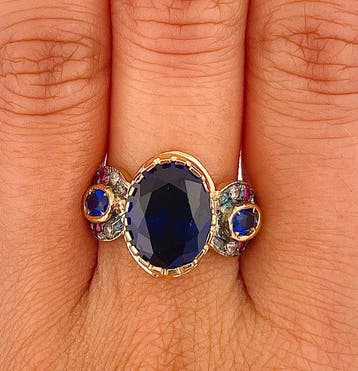 Zonder minimumprijs - Ring - 9 kt. Geel goud, Zilver Saffier