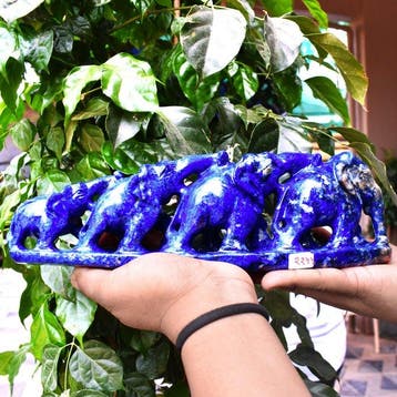 Statue, Genuine Lapis Lazuli 4 Elephants Family Hand Carved