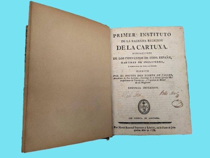 D. Josep de Valles - Primer instituto de la Sagrada Religion, Antiquités & Art, Antiquités | Livres & Manuscrits