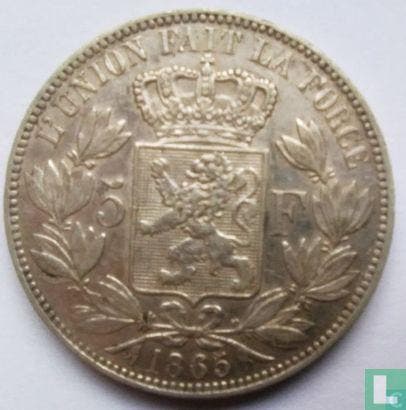 België 5 francs 1865 (Leopold I - zonder punt na F), Timbres & Monnaies, Monnaies | Belgique, Envoi