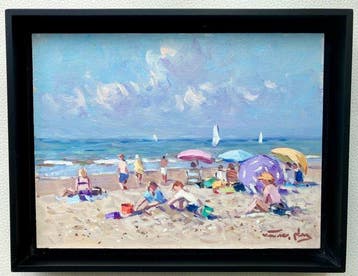 Niek van der Plas (1954) - Een dag aan het strand, Antiek en Kunst