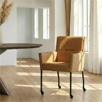 Leren eetkamerstoel met wieltjes en armleuning Lucky -, Huis en Inrichting, Stoelen, Nieuw, Leer, Ophalen of Verzenden, Bruin
