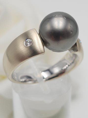 Ring - 14 karaat Witgoud - 0.10ct. tw. Parel - Diamant, Nieuw