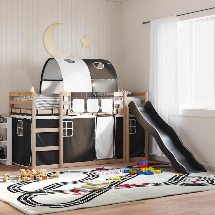 vidaXL Stapelbed met glijbaan en gordijnen wit en zwart, Huis en Inrichting, Slaapkamer | Bedden, Nieuw, Verzenden