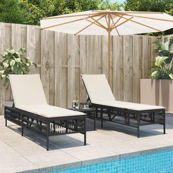 vidaXL Ligbedden 2 st met tafel poly rattan zwart, Verzenden, Nieuw