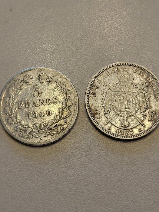 Frankrijk. 5 Francs 1840-A et 1867-BB (lot de 2 monnaies), Timbres & Monnaies, Monnaies | Europe | Monnaies non-euro