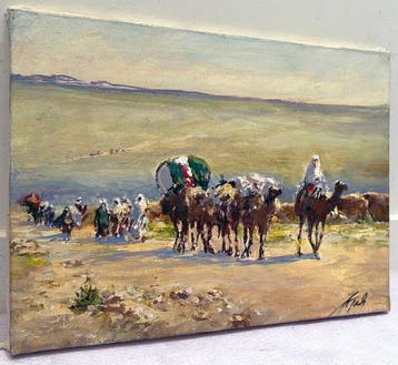 Mikhail Kraiev (1957) - Caravane arrivant dans un Oasis -, Antiek en Kunst