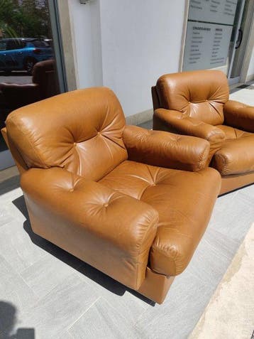Busnelli - Fauteuil (2) - cuir aniline couleur cognac