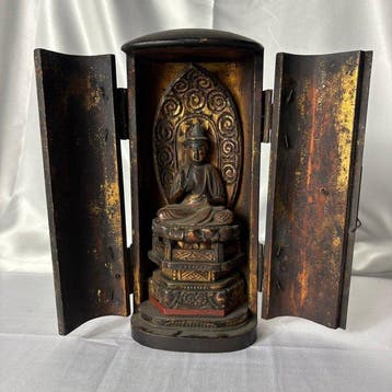 Antiek houten Zushi (draagbare schrijn) met gouden, Antiek en Kunst