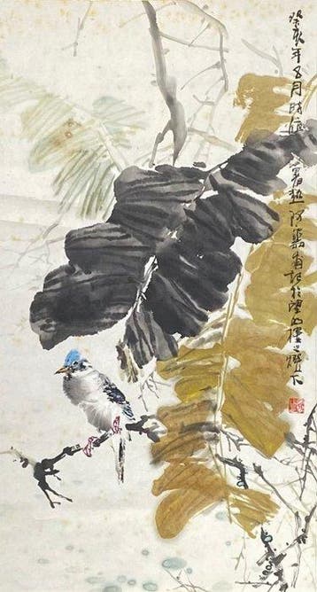 Stel Japanse Nanga-schilderijen: Vogel op een plantaan-tak