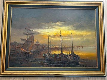 Peter Brouwer (1935 - 2010) - Havengezicht (groot werk), Antiek en Kunst