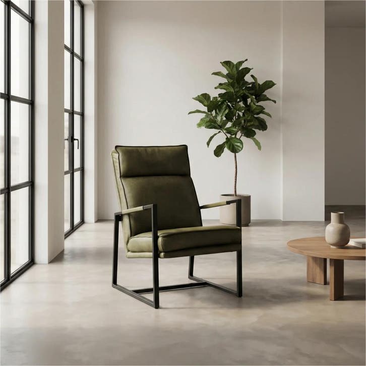 Leren fauteuil Square - Vintage Olive (olijf/groen), Huis en Inrichting, Fauteuils, 50 tot 75 cm, 75 tot 100 cm, Nieuw, Leer, Ophalen of Verzenden