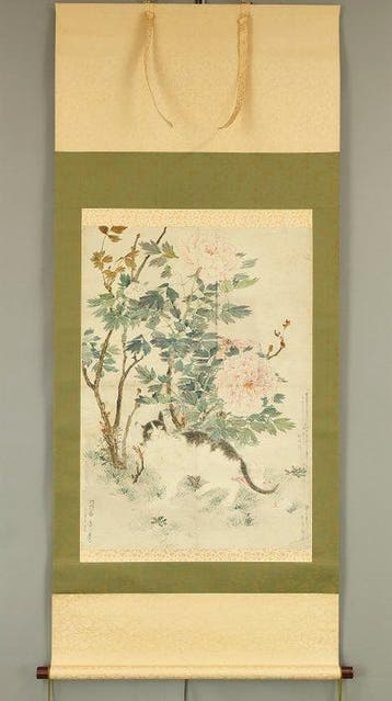 Sketch of Peony Flowers and Cat - Miyagawa Shuntei